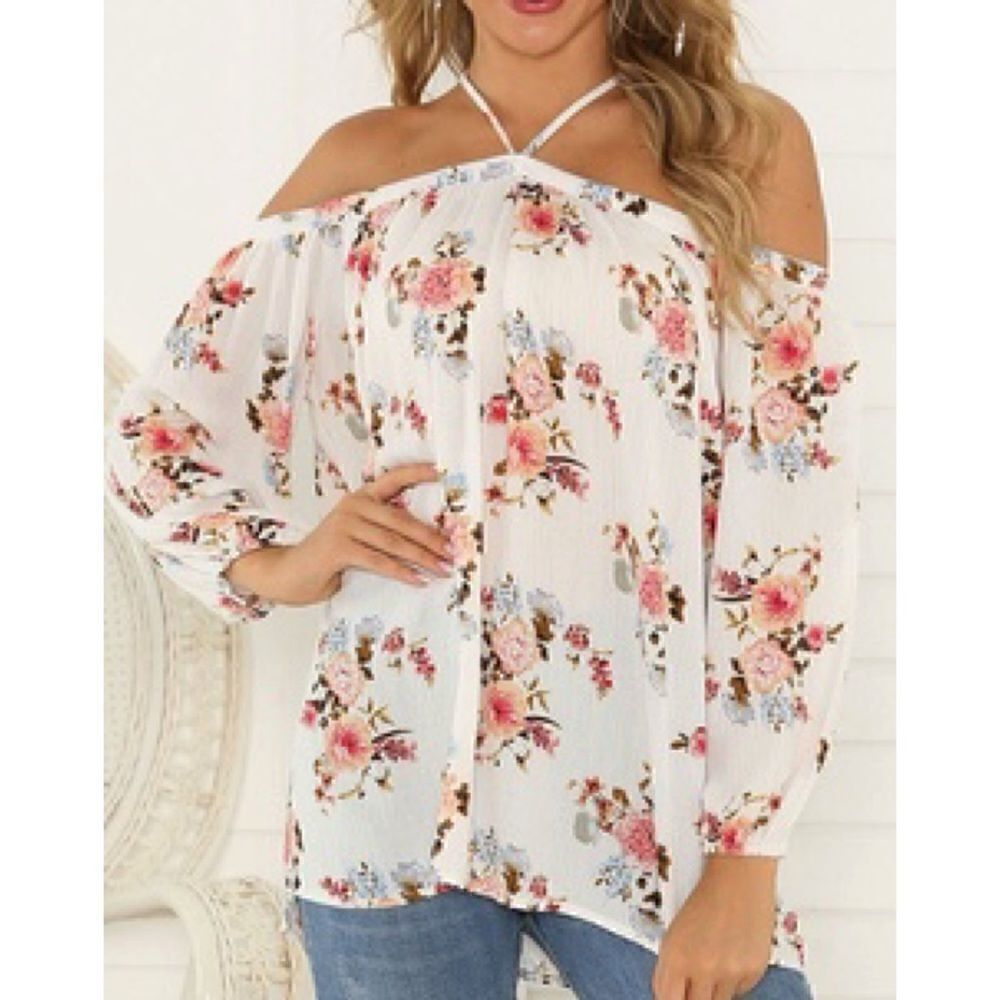 andthewhy Boho Floral White Halter Tunic Top, Sz Medium